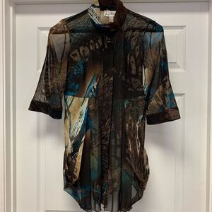 Joseph Ribkoff Black & Teal Sheer Short-Sleeve Button Front Top
